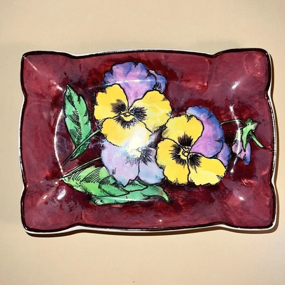 ROYAL DOULTON Porcelain Hair Pin Tray Dish Vanity Pansy 1950s D.6402 7922